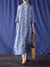 Retro Geometric Printd Stand Collar Cheongsam Midi Dress